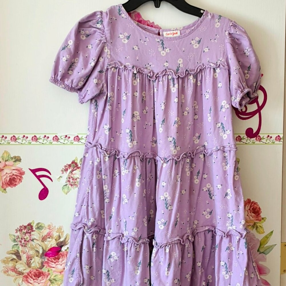 Cat & Jack Purple White Flower Floral Girls Flared Spring Dress L 10 11 12